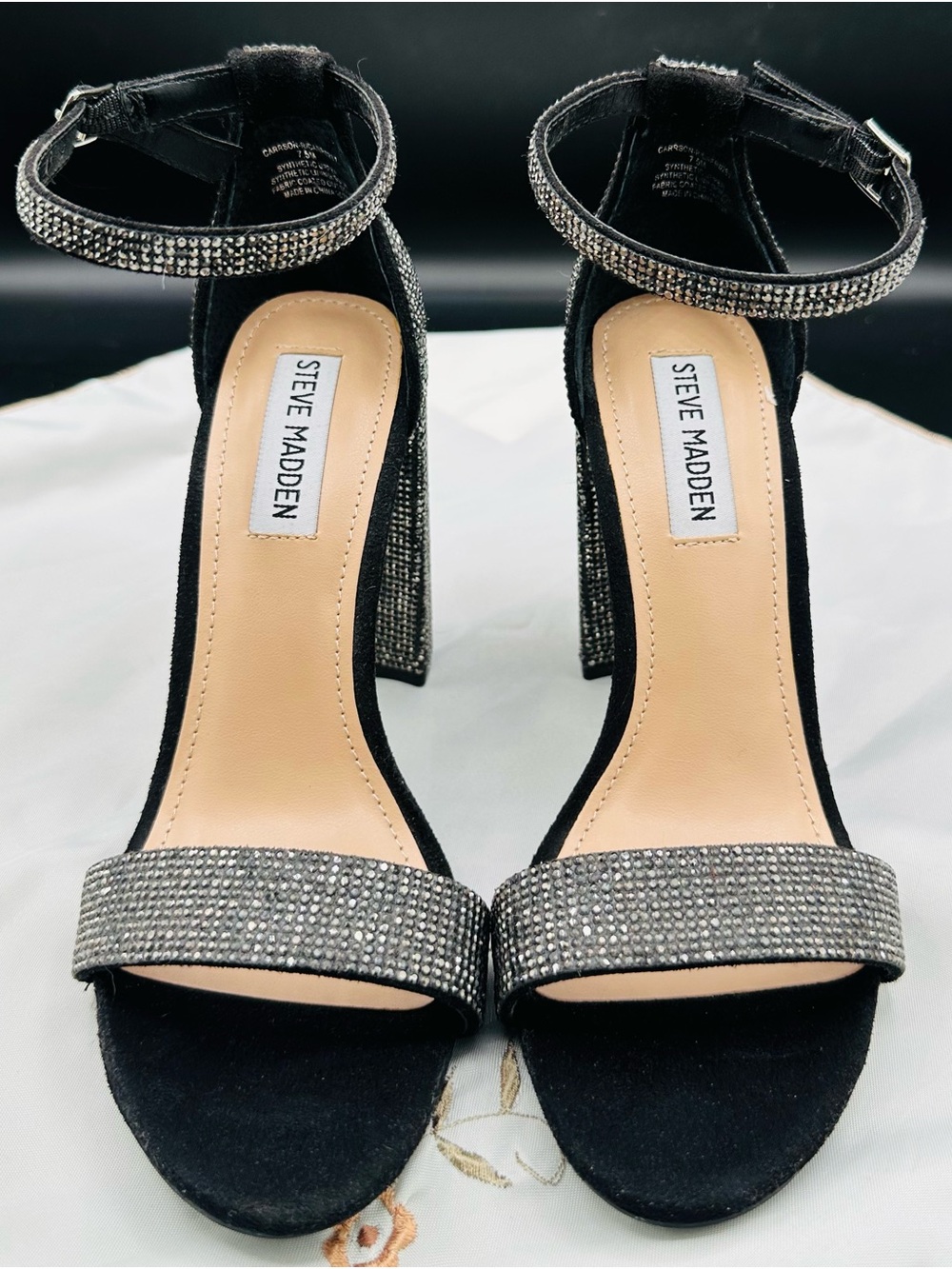 Steve Madden Carrson Black Suede 4”Heels with Sparkling Silver Rhinestone Straps